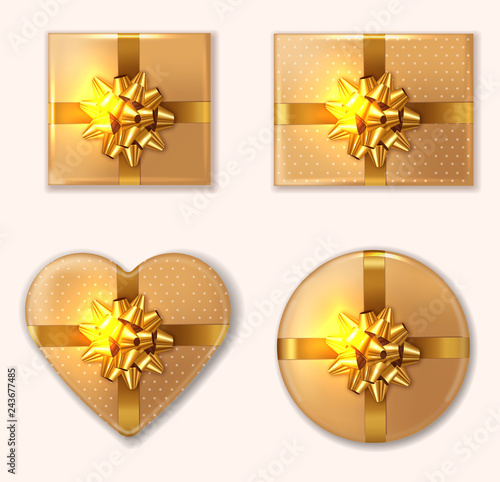Golden Gift box set Vector realistic. Product placement mock up. Design packa...