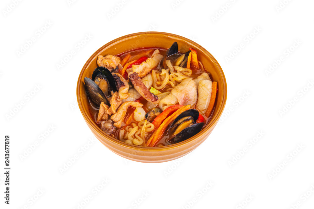 Korean seafood soup on a white background Korean seafood soup on a white background