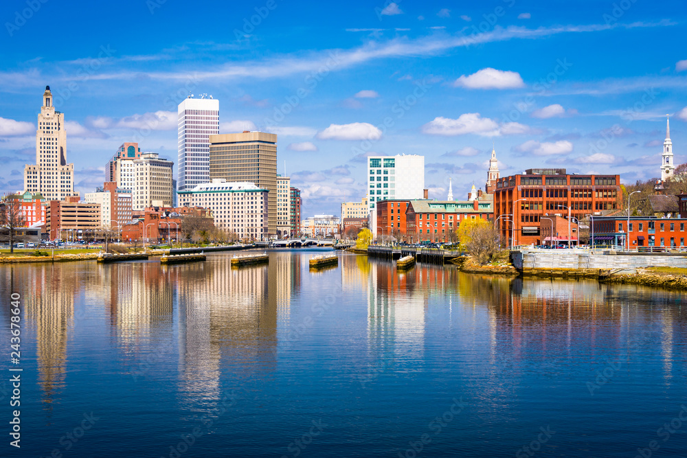 Providence, Rhode Island, USA downtown skyline on the river.