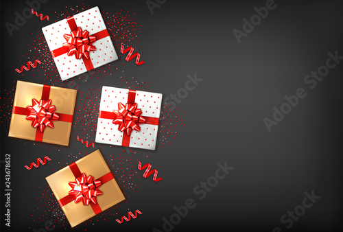 Gift boxes with red bow Vector realistic. Dark background confeti sparkle. Pr...