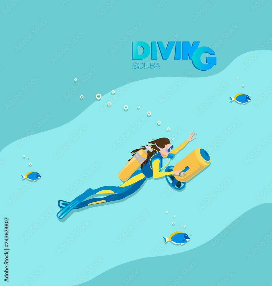 Girl scuba diver with underwater scooter and tropical fish. A poster with the inscription. Young woman in a diving suit and fins swimming underwater against the background of the sea wave. Girl scuba diver with underwater scooter and tropical fish. A poster with the inscription. Young woman in a diving suit and fins swimming underwater against the background of the sea wave.