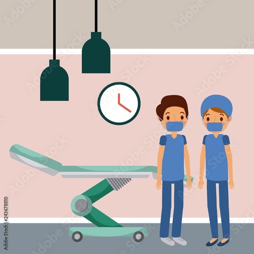 doctors in hospital room wheel bed clock lamps