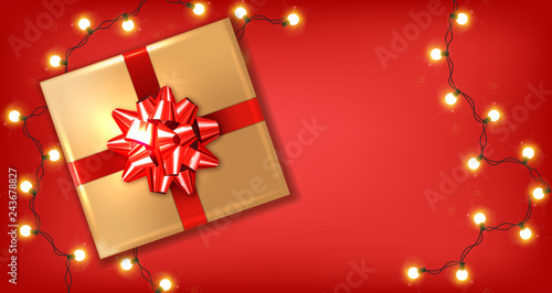 Red bow gift box and lights Vector realistic. Product placement mock up. Desi...