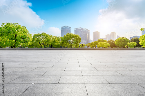 Empty square floor and city skyline with buildings in Shanghai