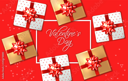 Valentine day red card with gift boxes Vector realistic. Celebrate love card....