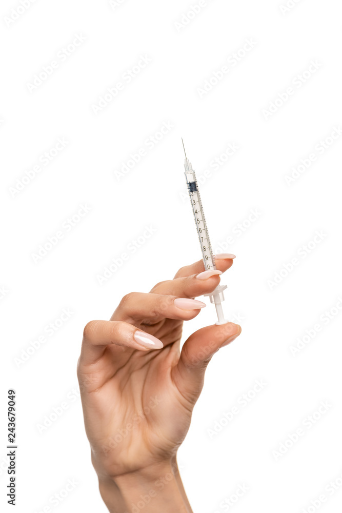 close-up partial view of young african american woman holding syringe with beauty injection isolated on white close-up partial view of young african american woman holding syringe with beauty injection isolated on white