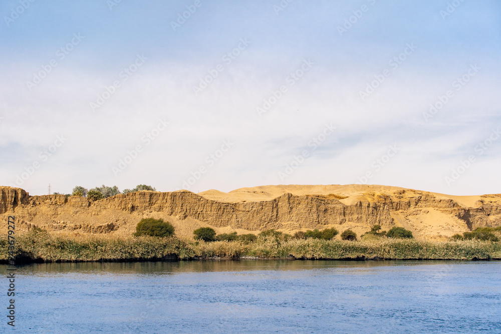 River Nile with it's river banks full of vegetaion and the Sahara Desert close by