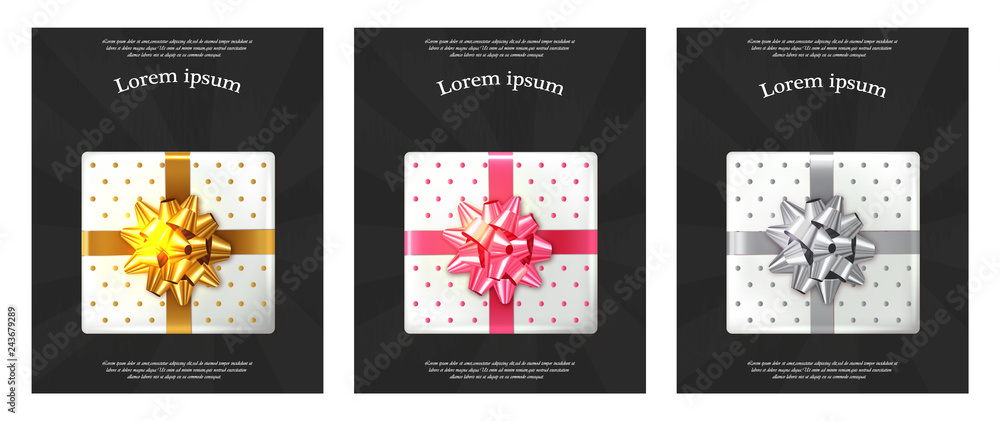 Gift boxes brochures Vector realistic. Dark background confeti sparkle. Product placement mock up. Design packaging 3d illustration. Birthday, Wedding, Anniversary decor template banners