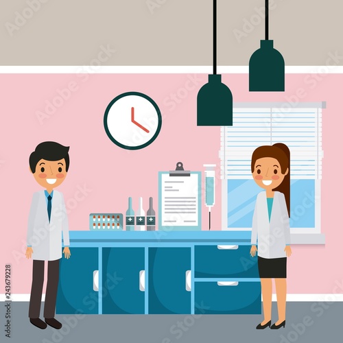 doctors man and woman hospital ward furniture and medical equipment
