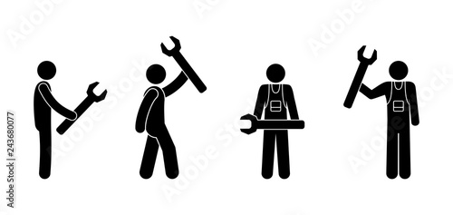 stick figure man icon, wrench, pictogram people, repair tool, isolated human silhouettes