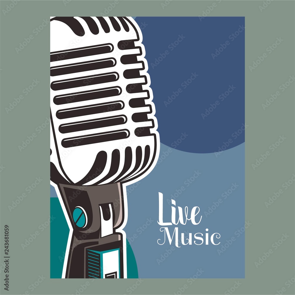 Vector poster for a live music festival with a microphone, acoustic guitar and inscription in retro style. Template for flyers, banners, invitations, brochures and covers Vector poster for a live music festival with a microphone, acoustic guitar and inscription in retro style. Template for flyers, banners, invitations, brochures and covers