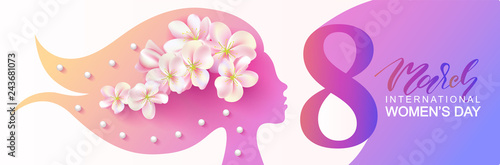 8 March Happy Women's Day banner. Beautiful Background with female silhouette ,flowers and beads.Vector illustration for website,cards, posters,ads, coupons, promotional material.