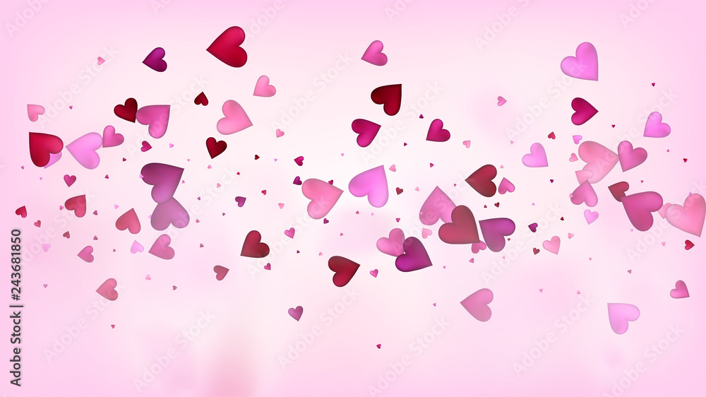 Flying Hearts Vector Confetti. Valentines Day Tender Pattern. Beautiful Pink Glitter Valentines Day Decoration with Falling Down Hearts Confetti. Elegant Gift, Birthday Card, Poster Background