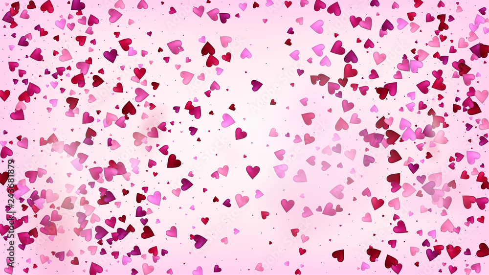 Flying Hearts Vector Confetti. Valentines Day Tender Pattern. Beautiful Pink Sparkles Valentines Day Decoration with Falling Down Hearts Confetti. Modern Gift, Birthday Card, Poster Background