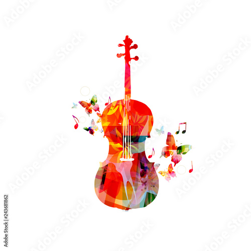 Colorful violoncello with music notes isolated vector illustration design. Music background. Music instrument poster with music notes, festival poster, live concert events, party flyer