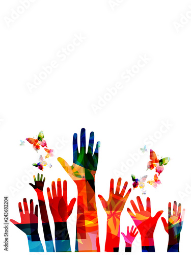 Colorful human hands with butterflies vector illustration design