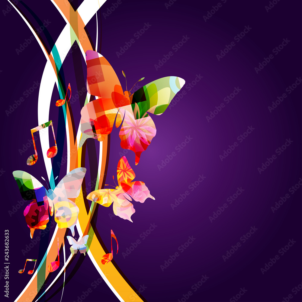 Fototapeta Music background with colorful music notes and butterflies vector illustration design. Artistic music festival poster, live concert events, music notes signs and symbols