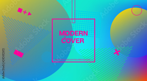 Memphis Minimal Cover Horizontal Vector Template. Neon Gradient Overlay, Small Space Particles Background. Geometric Memphis Design Elements, Horizontal Music Poster. Vintage Elemets Business Design.