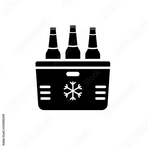 Beach cooler box with beer bottles silhouette icon. Picnic clipart isolated on white background