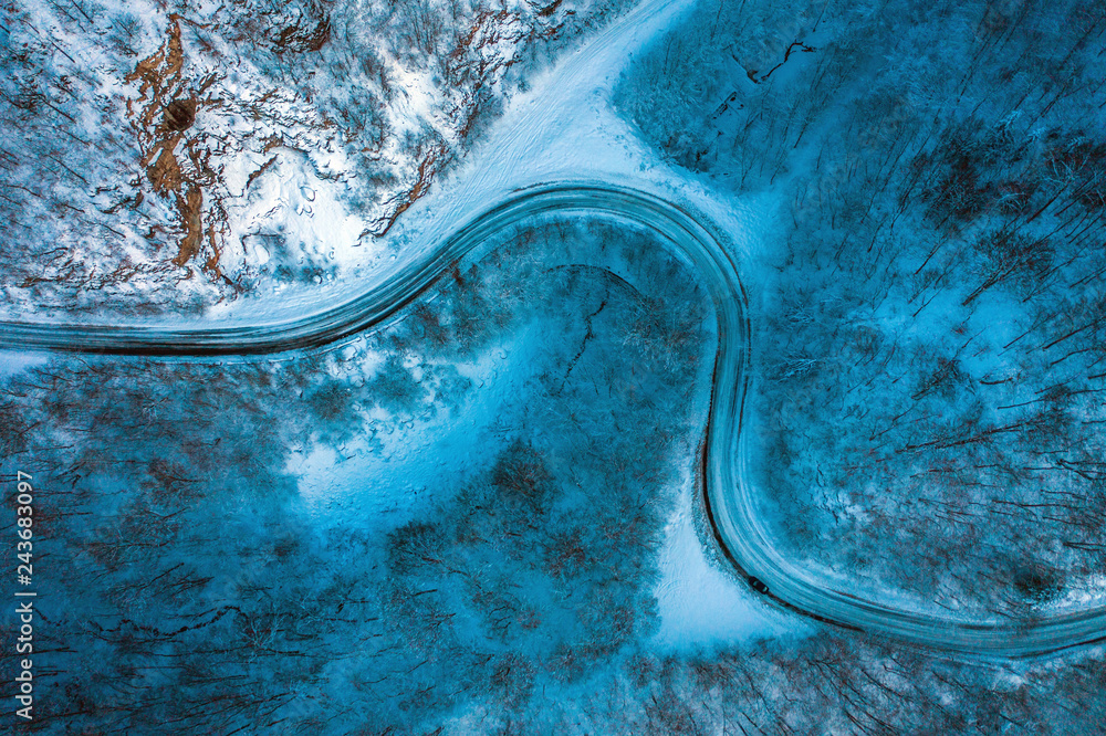 Aerial view of winter road