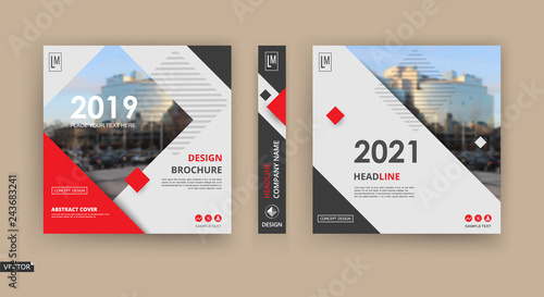 White book binder mockup. Brochure cover design. Title sheet model set. Modern vector front page art. Urban city house board. Red lines frame, rhombus figure, brand logo icon. Ad flyer text font.