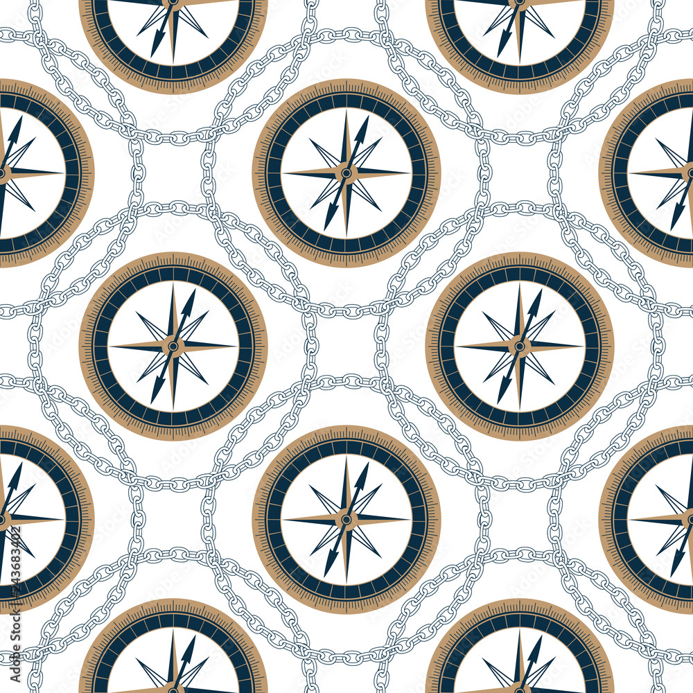 Marine seamless vintage pattern with nautical compass and chain