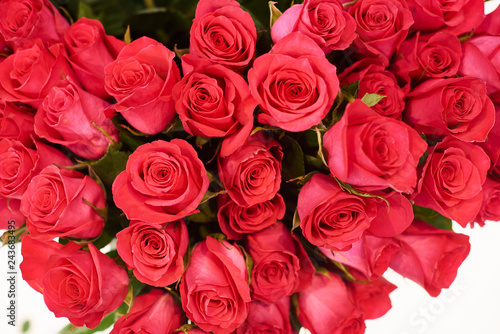 Fresh cut red roses and arrangements in florist shop  tracking shot