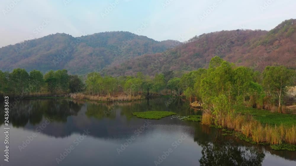 Aerial view shot of natural pond surrounded of natural the forest texture Aerial view shot of natural pond surrounded of natural the forest texture