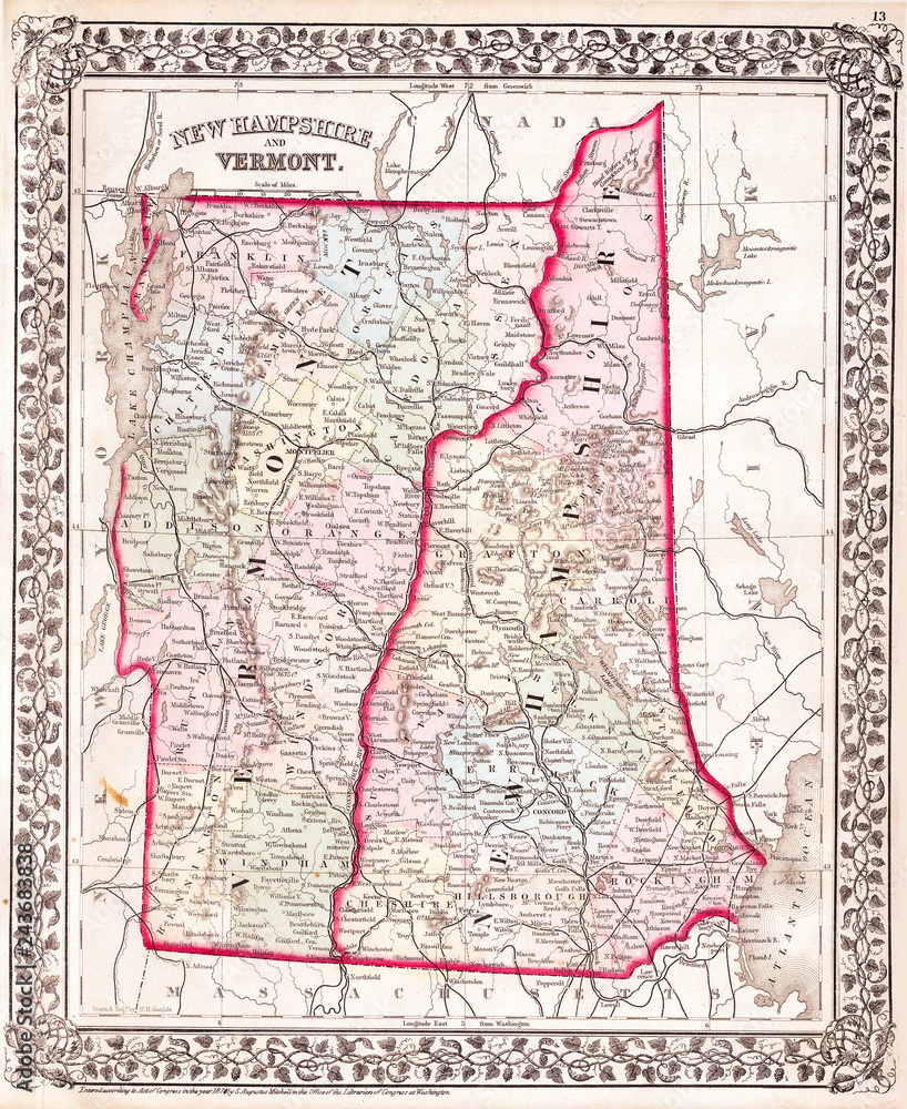 1874, Mitchell Map of Vermont and New Hampshire
