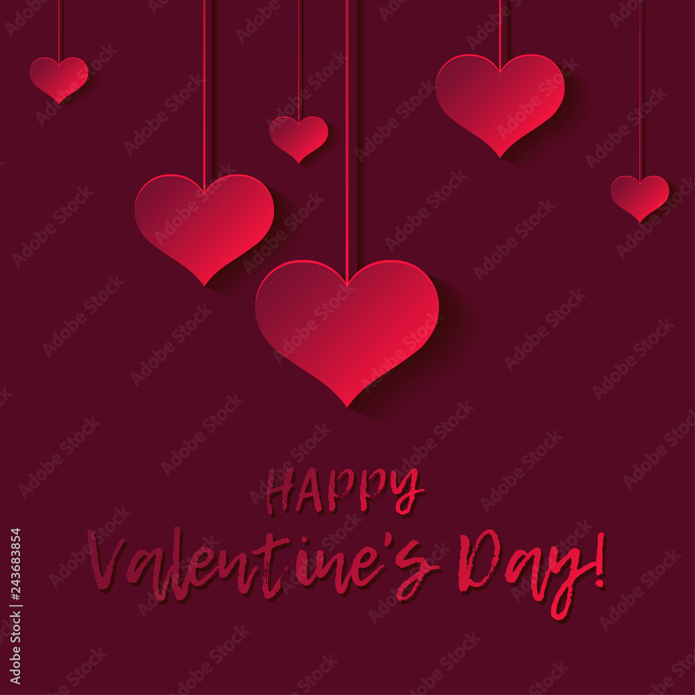Decorative 3D red hearts on red background with shadow. Valentine's day. Vector illustration. Greeting card. Can be used for wallpaper, textile, invitation card, web page background.