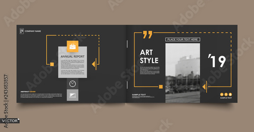 Abstract patch brochure cover design. Black info data banner frame. Techno title sheet model set. Modern vector front page art. Urban city blurb texture.Yellow citation figure icon. Ad flyer text font