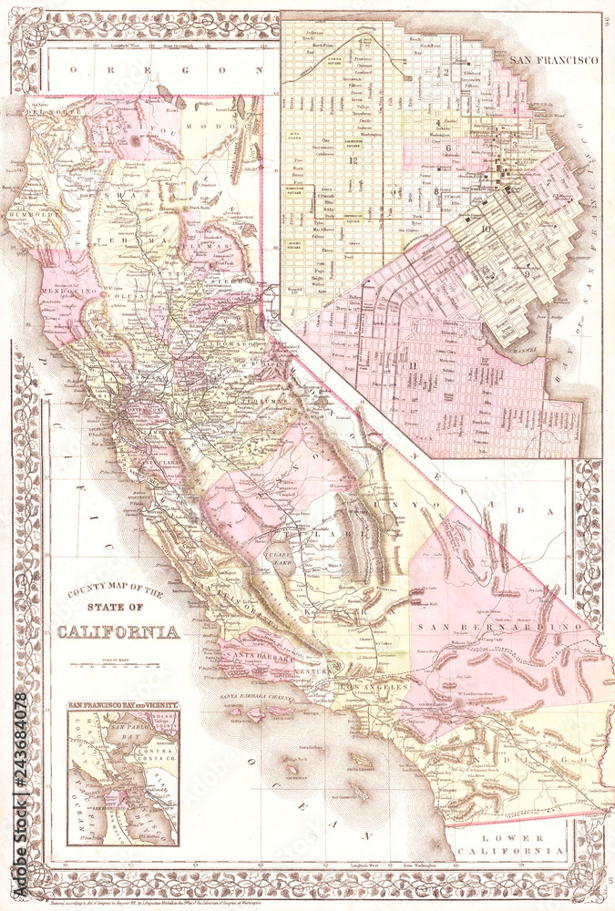 Fototapeta premium 1881, Mitchell Map of California w - San Francisco Inset