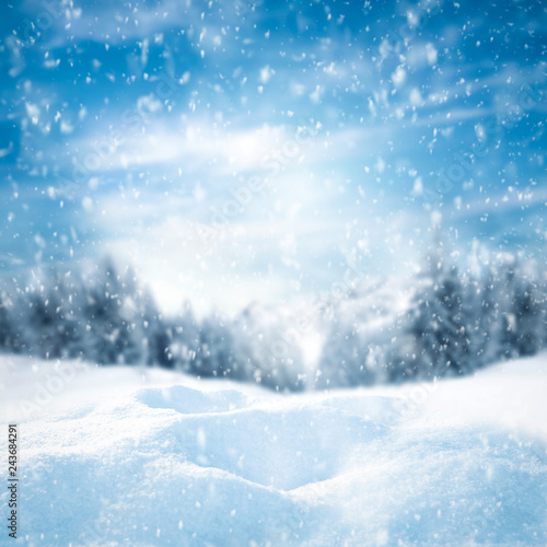 Winter landscape of forest and mountains and snow background with free space for your decoration  © magdal3na