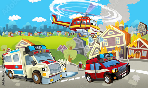 cartoon stage with different machines for firefighting and ambulance colorful and cheerful scene © honeyflavour