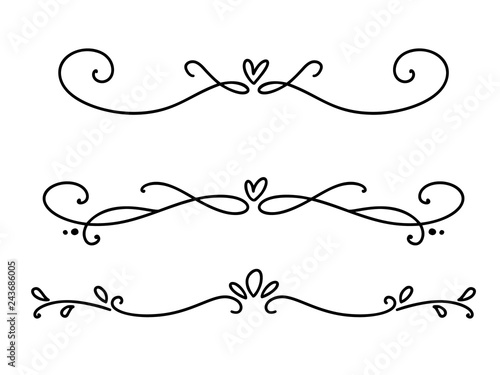 Vector vintage line elegant valentine dividers and separators, swirls and corners decorative ornaments. Floral lines filigree design heart elements. Flourish curl illustration