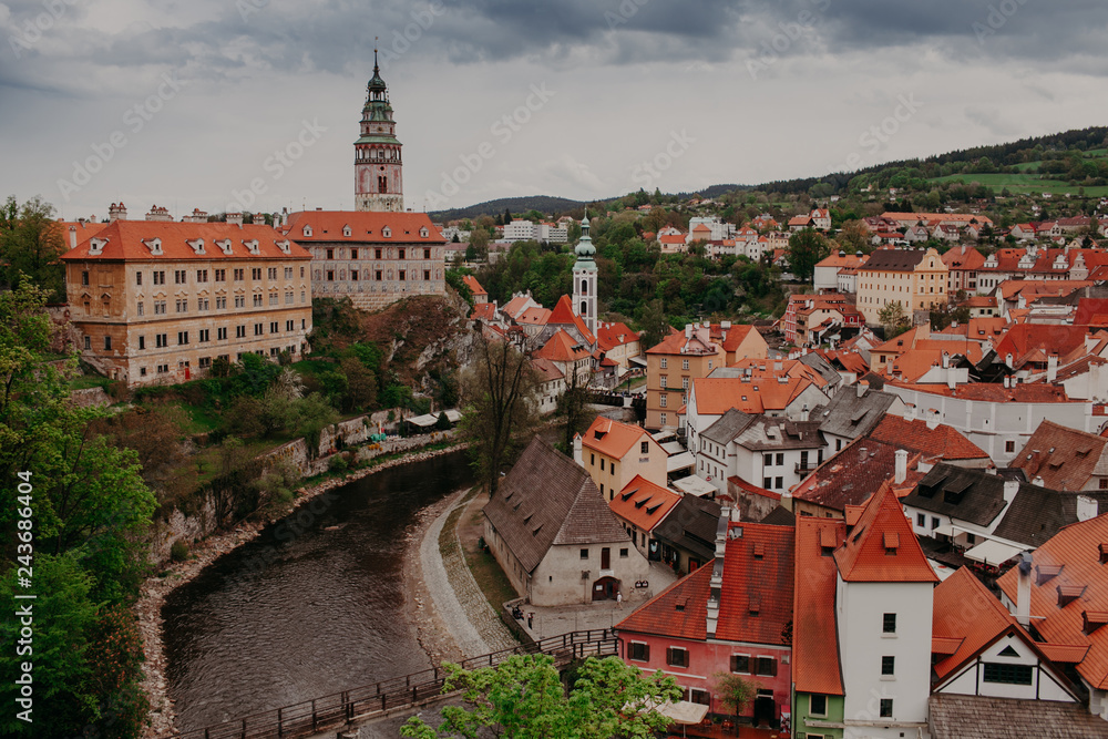Fototapeta premium Aerial view over the old Town of Cesky Krumlov, Czech Republic.
