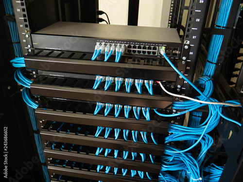 Network switch and ethernet lan cables connect to computer network  system