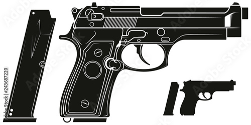 Graphic black and white detailed silhouette handgun pistol with ammo clip. Isolated on white background. Vector icon set. Vol. 1