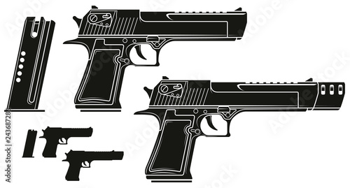 Graphic black and white detailed silhouette handgun pistol with ammo clip and silencer. Isolated on white background. Vector icon set. Vol. 3
