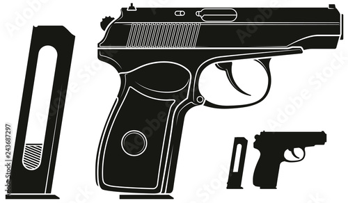 Graphic black and white detailed silhouette handgun pistol with ammo clip. Isolated on white background. Vector icon set. Vol. 4