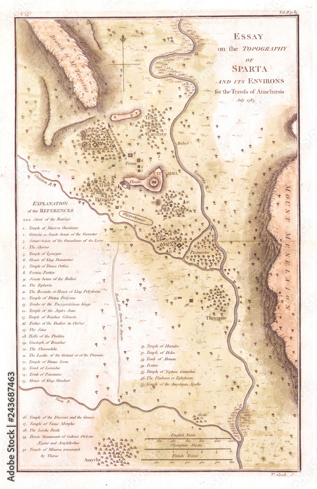 Obraz premium 1783, Bocage Map of the Topography of Sparta, Ancient Greece, and Environs