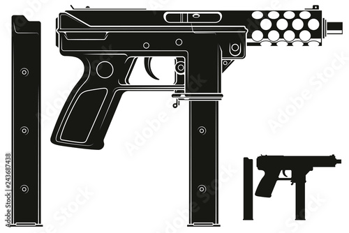 Graphic black and white detailed silhouette submachine gun with ammo clip. Isolated on white background. Vector icon set. Vol. 2