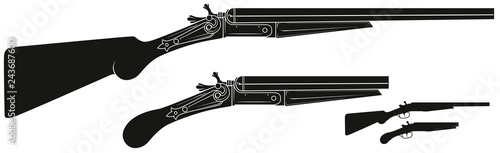 Graphic black and white detailed silhouette old retro shotgun rifle with wooden butt. Isolated on white background. Vector icon set.