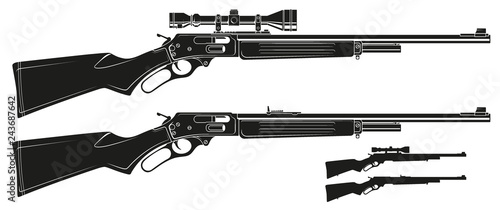 Graphic black and white detailed silhouette shotgun rifle with optical sight and wooden butt. Isolated on white background. Vector icon set.
