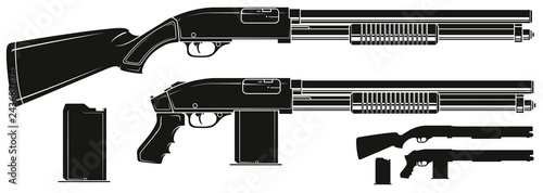 Graphic black and white detailed silhouette pump action shotgun rifle with ammo clip and butt. Isolated on white background. Vector icon set. Vol. 1