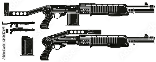 Graphic black and white detailed silhouette pump action shotgun rifle with ammo clip and butt. Isolated on white background. Vector icon set. Vol. 2