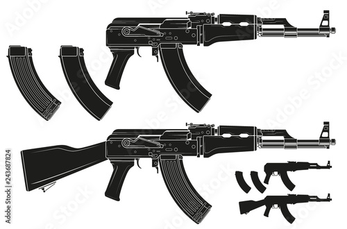 Graphic black and white detailed silhouette modern automatic russian assault rifle with ammo clip. Isolated on white background. Vector icon set.