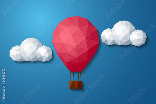 Low polygonal air balloon in cloudy sky, abstract vector background