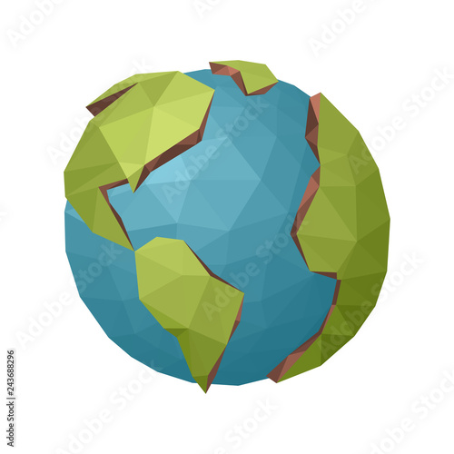 Low poly Earth planet on plain background, vector illustration