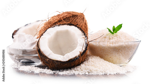 Composition with shredded coconut and shells isolated on white